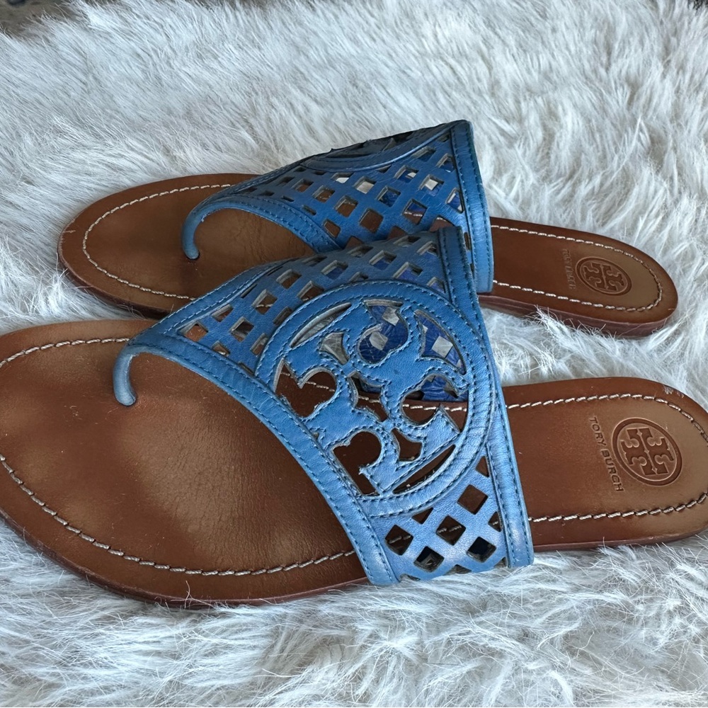 Tory Burch Blue mesh double T logo Sandals cut out flip flop - Picture 2 of 11